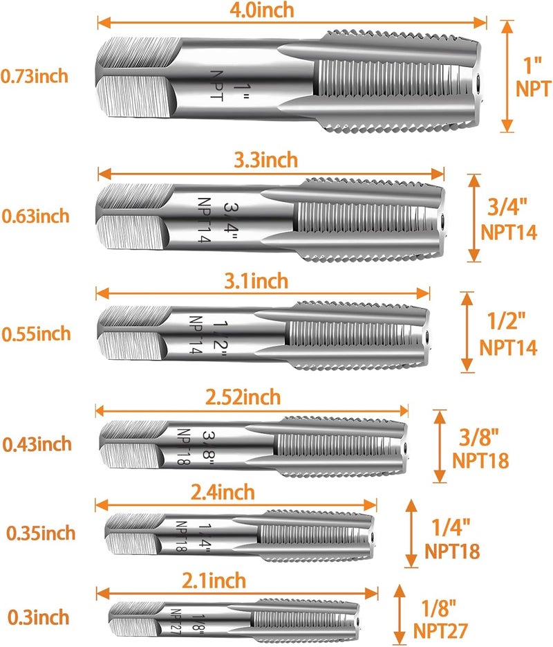 DECKRKAT 6-Piece NPT Pipe Tap Set, Precision Carbon Steel NPT Tap Set for Clean Accurate Threads, 1", 3/4", 1/2", 3/8", 1/4", 1/8" NPT Tap, Perfect for Plumbers Mechanics DIYers, with Durable Plastic Case - Image 2